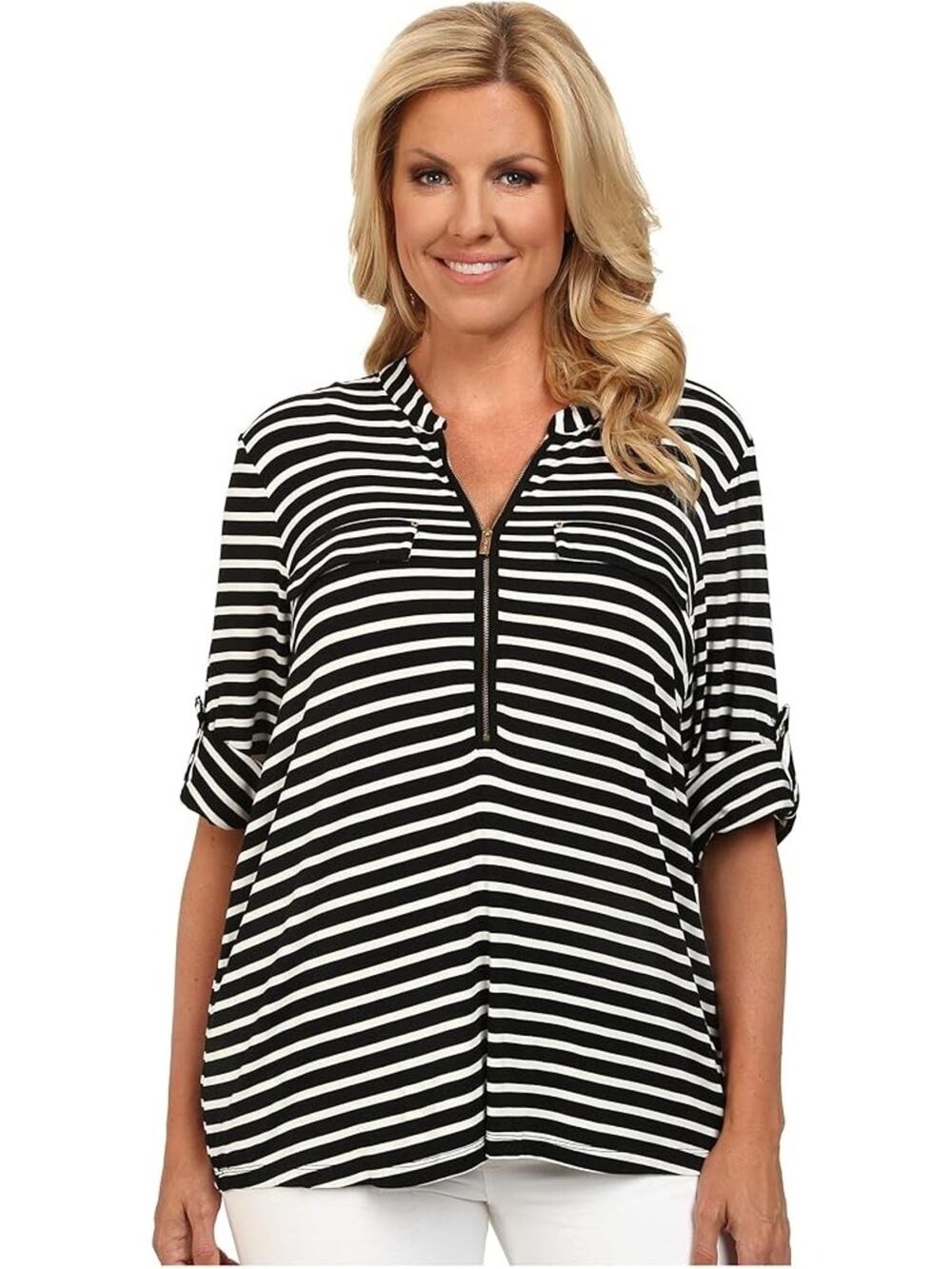 Calvin Klein Black and White Striped Zip-Front Top Large